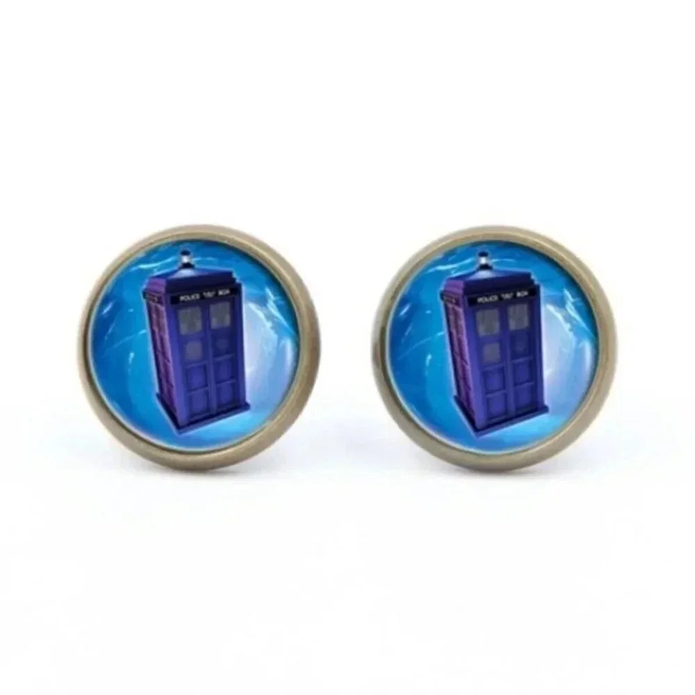Blue Police Box In Space Glass Cabochon Round Antique Bronze Stud Earrings